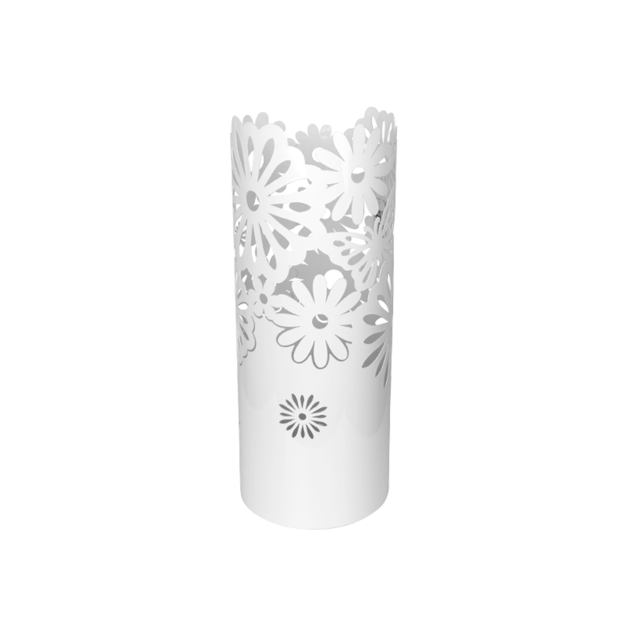 Porta Ombrelli in Metallo Fiore, Contenitore per Ombrelli con Vaschetta Scolapioggia e 1 Gancetto, 19cm diametro 49cm altezza, Bianco