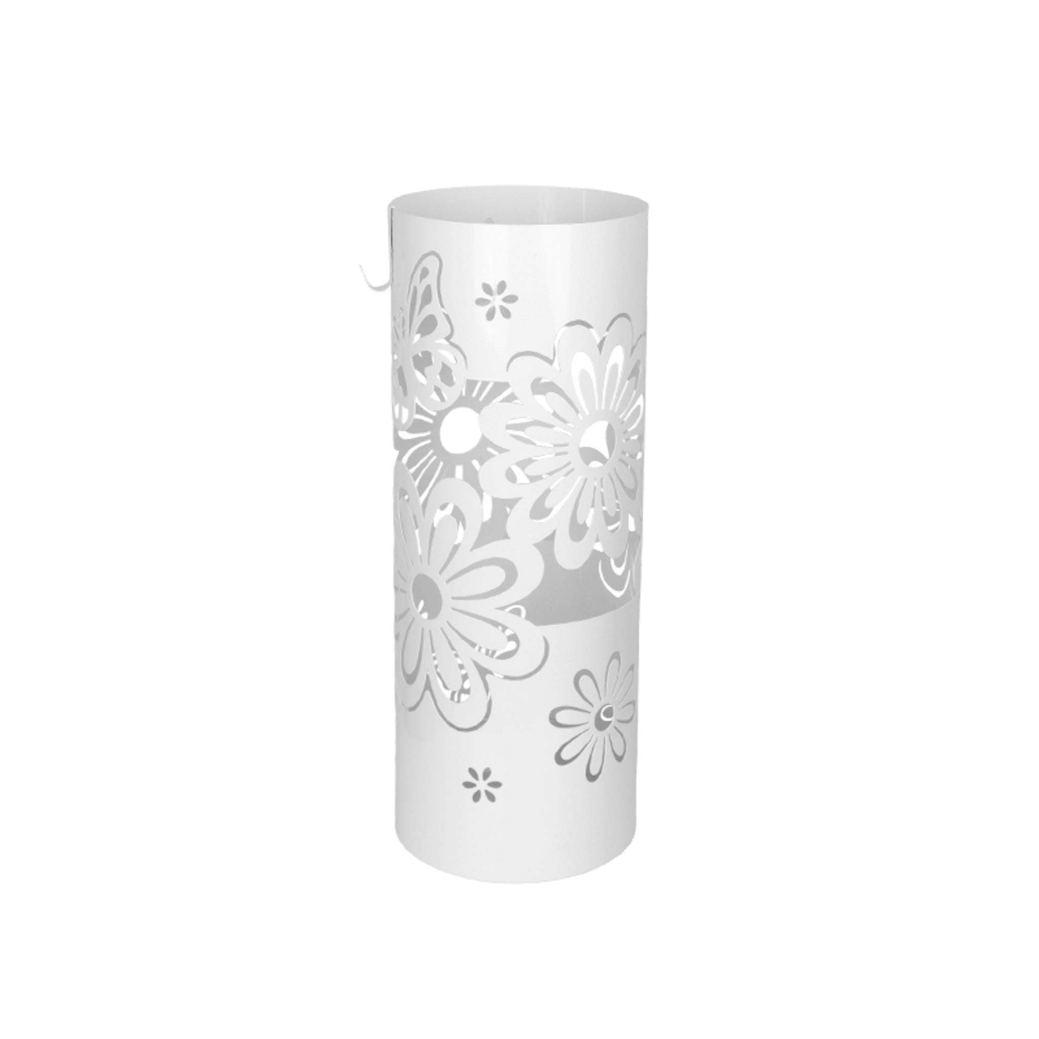 Today Home Porta Ombrelli in Metallo Fiore, Contenitore per Ombrelli con Vaschetta Scolapioggia e 1 Gancetto, diametro 19cm altezza 49cm, Bianco