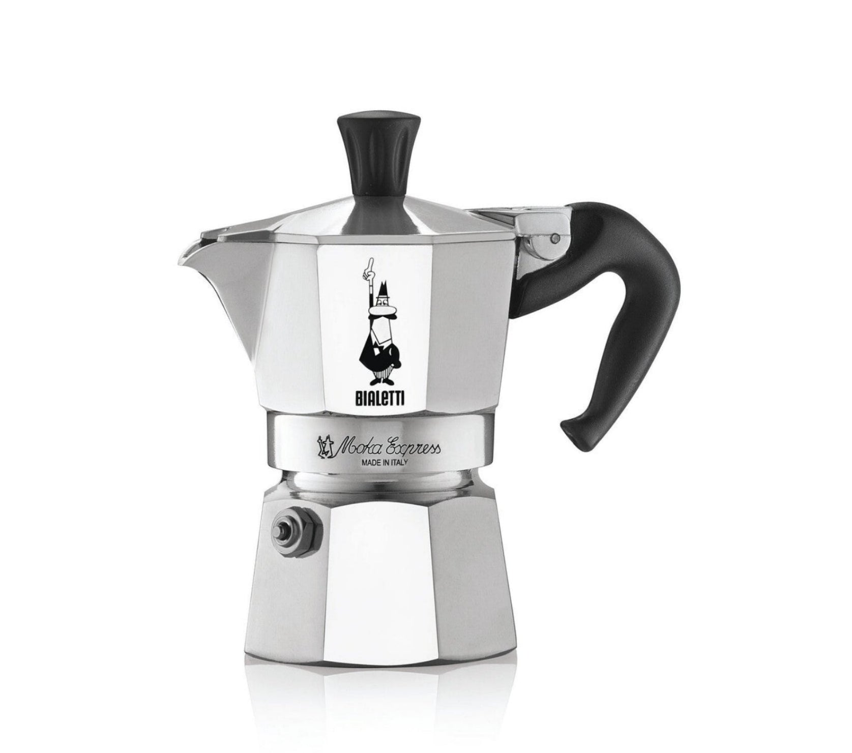 Bialetti Caffettiera Moka Express 4 Tazze, Manico Anti Scottatura, Non Adatta A Induzione, 4 Tazze (190 Ml), Alluminio, Argento,