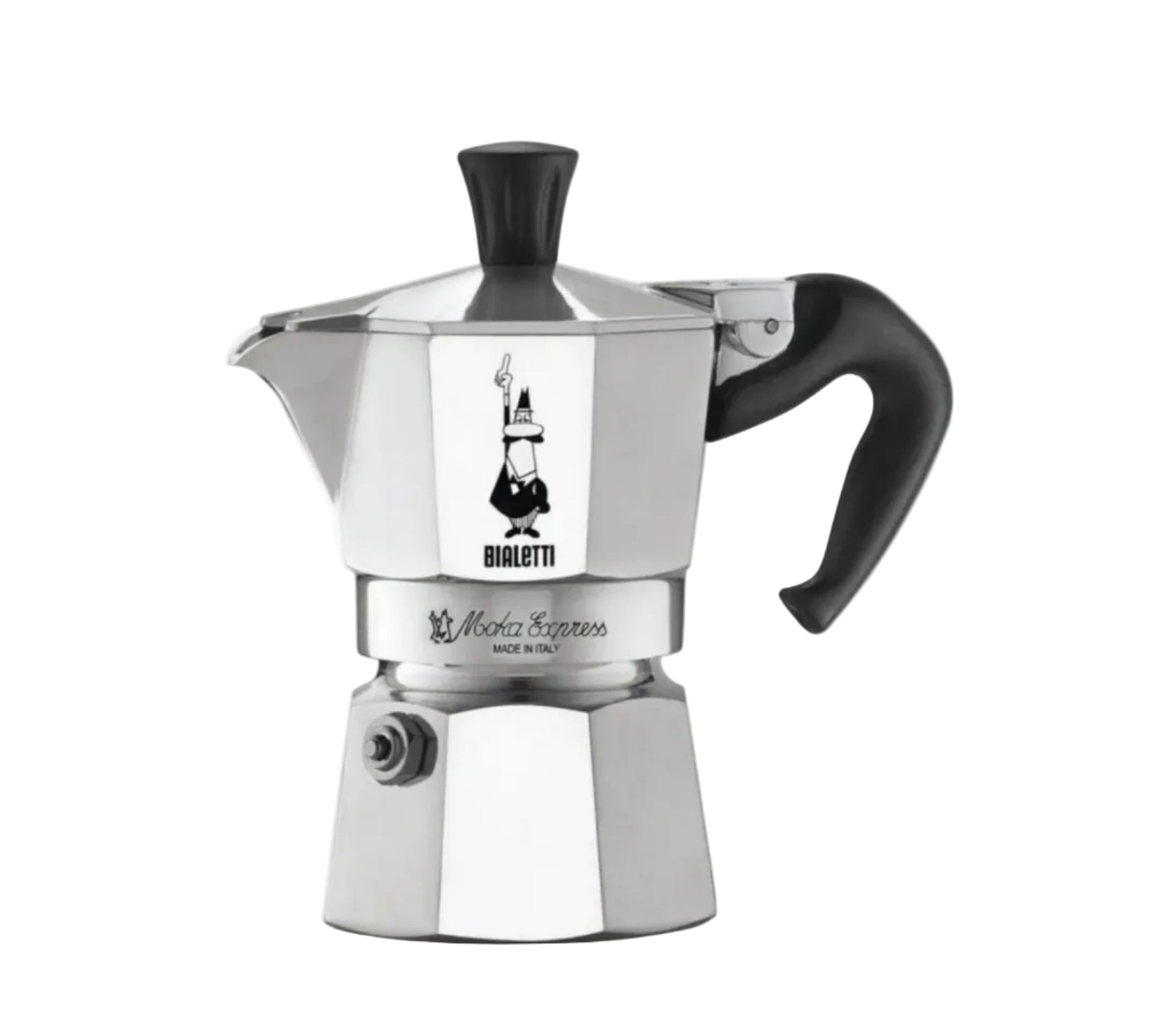 Bialetti Caffettiera Moka Express, Manico anti scottatura, Non adatta a induzione, 1 Tazze (60 ml), Alluminio [Classe di efficienza energetica A]