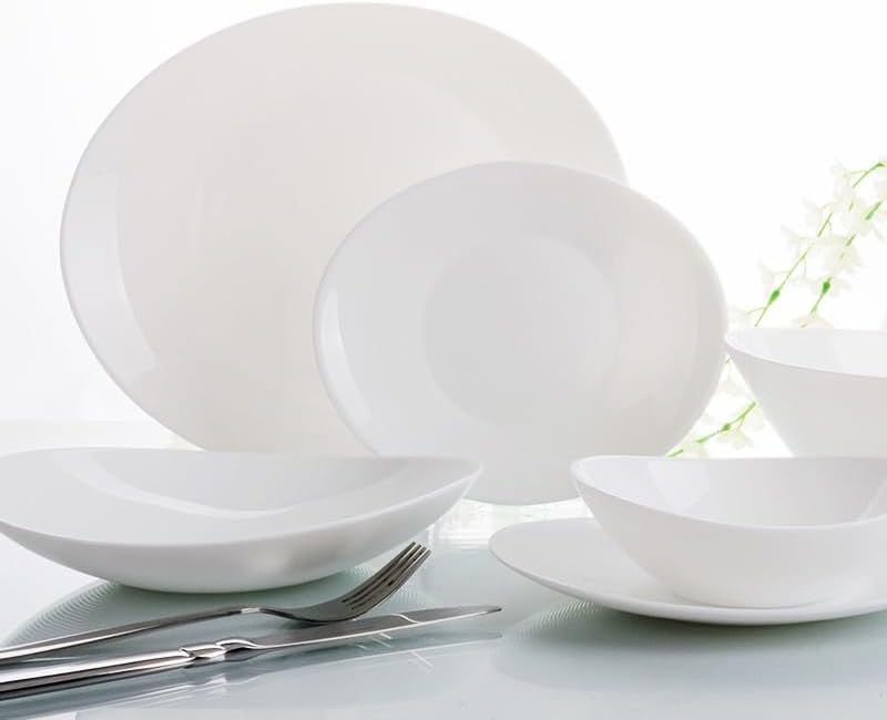 Servizio da tavola 18 Pezzi Set Piatti Ovali, 6 Piani 6 Fondi 6 Frutta,Lavabile in Lavastoviglie, Microonde, Vetro, Bianco
