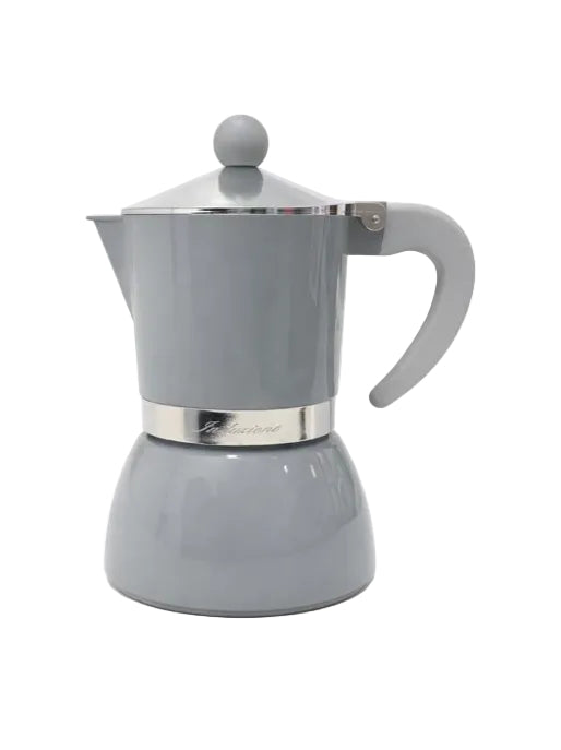 Caffettiera Moka per Induzione, 3 Tazze, Alluminio, con Manico Ergonomico, Colore Grigio Lucido, Design Elegante