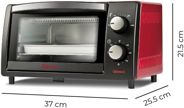 Girmi FE10 Forno elettrico, 800 W, 10 Litri, Griglia INOX, Termostato Regolabile, Timer 60 min, Accesori inclusi, Nero/Rosso