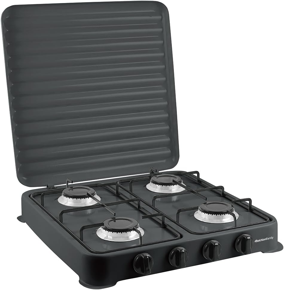 Melchioni Family | Fornello a Gas Modello MINERVA NEW, Quattro Fuochi, Colore Nero, per Utilizzo Esterno, con Griglia e Fuochi Rimovibili e Coperchio
