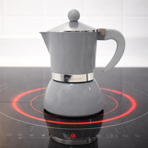 Caffettiera Moka per Induzione, 3 Tazze, Alluminio, con Manico Ergonomico, Colore Grigio Lucido, Design Elegante
