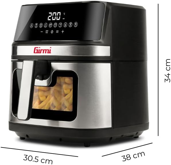 Girmi FG80 Friggitrice ad Aria 8Litri, 2200 W, Display digitale, 10 programmi, Capacità 8 Litri, Camera di cottura in metallo, Doppia resistenza, Ricettario incluso, Nero/Inox