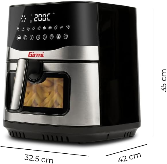 Girmi FG90 Friggitrice ad Aria Ecofrit Premium, 2200W, 9 Lt, Doppia Resistenza, Finestra, Contenitore Antiaderente, Display Digitale, Scongelamento, Partenza Ritardata, BPA/PFOA safe, Nero