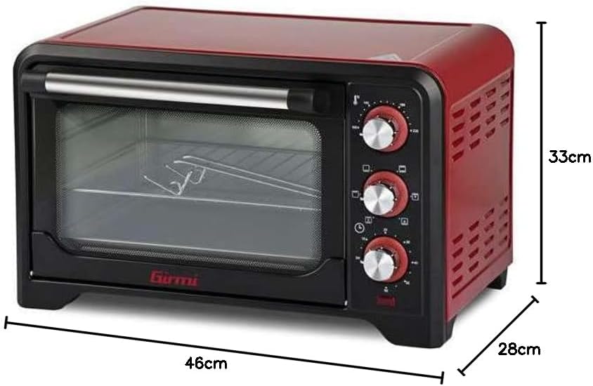 Girmi FE20 Forno Elettrico, 1380 W, 20 Litri, Termostato regolabile 230°, Luce interna, Griglia Inox, Timer 60 min, 4 resistenze riscaldanti, Accesori inclusi Rosso