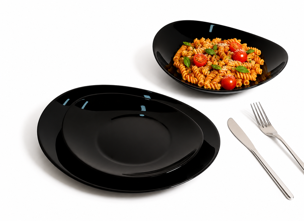 18 Pezzi Set Piatti Ovali, 6 Piani 6 Fondi 6 Frutta,Lavabile in Lavastoviglie, Microonde, Vetro, Nero