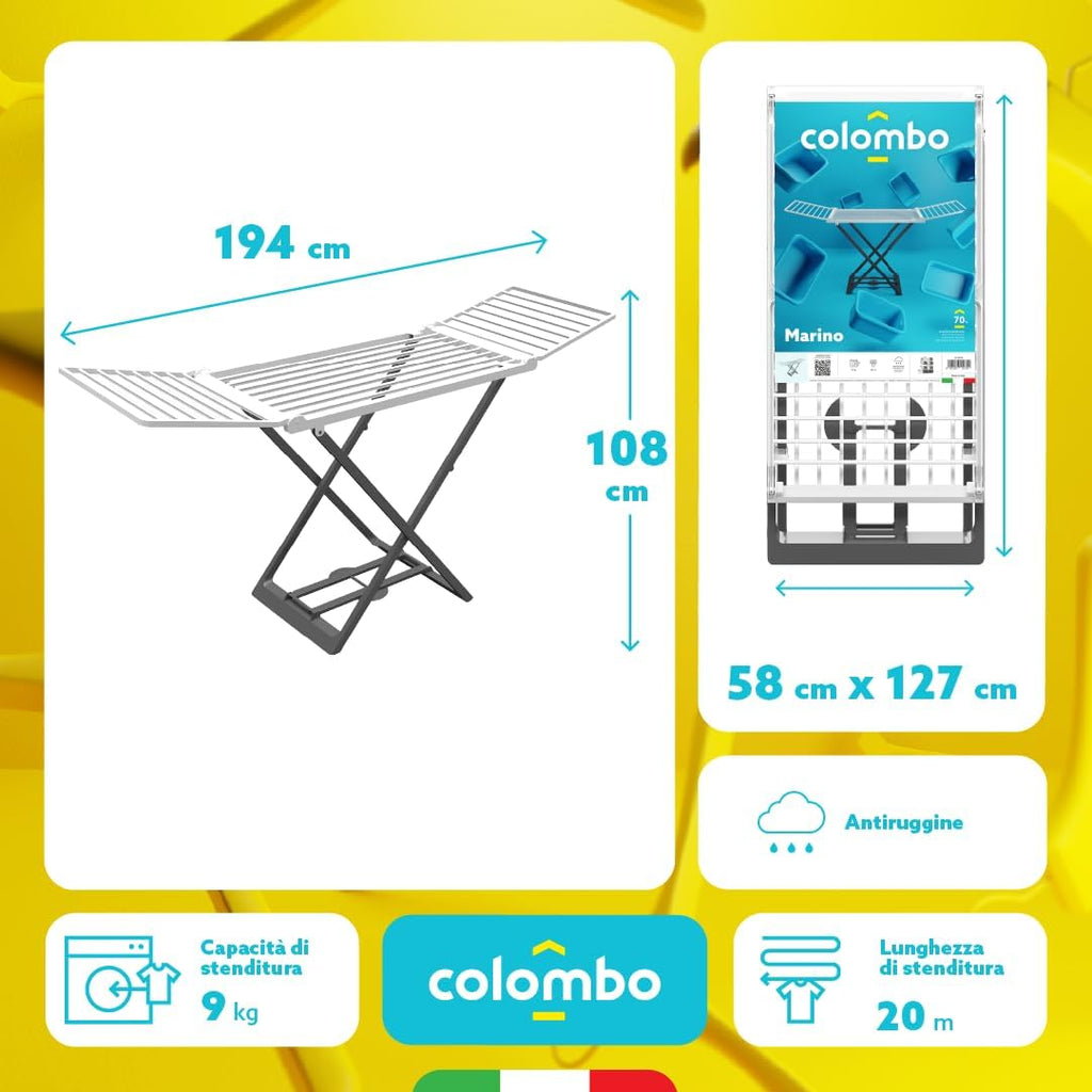 Colombo Stendino da Terra Marino | Stendibiancheria da Pavimento in Resina da Interno ed Esterno, Stendino con Ali Estensibili | 20 Metri di Stenditura | Colori Assortiti | Made in Italy