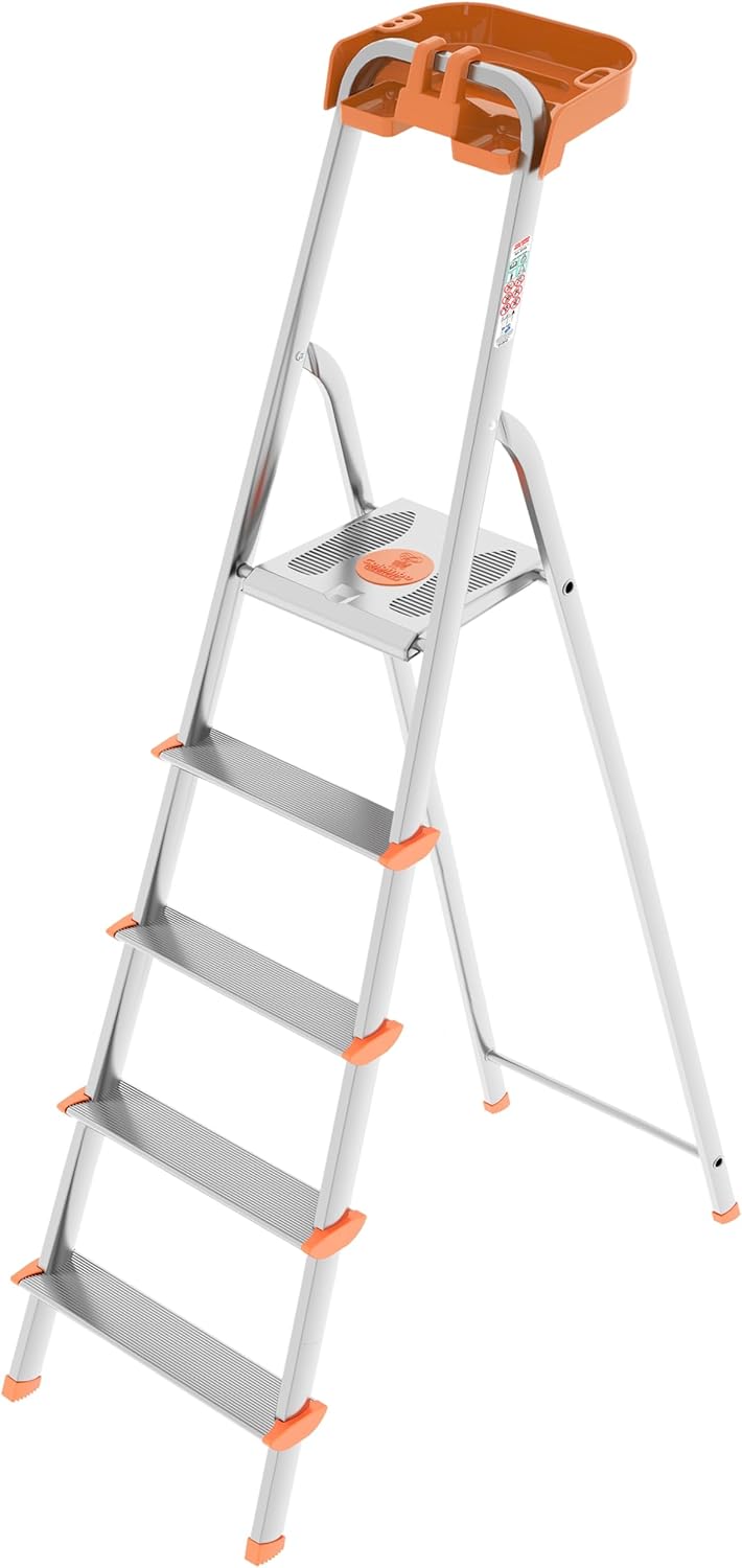 Colombo Scala Pieghevole Alluminio Attica 5 Gradini Senza Rivetti |  Robusta con Piattaforma e Vaschetta Portautensili | Portata 150kg | Conforme EN131 TÜV-GS | Made in Italy