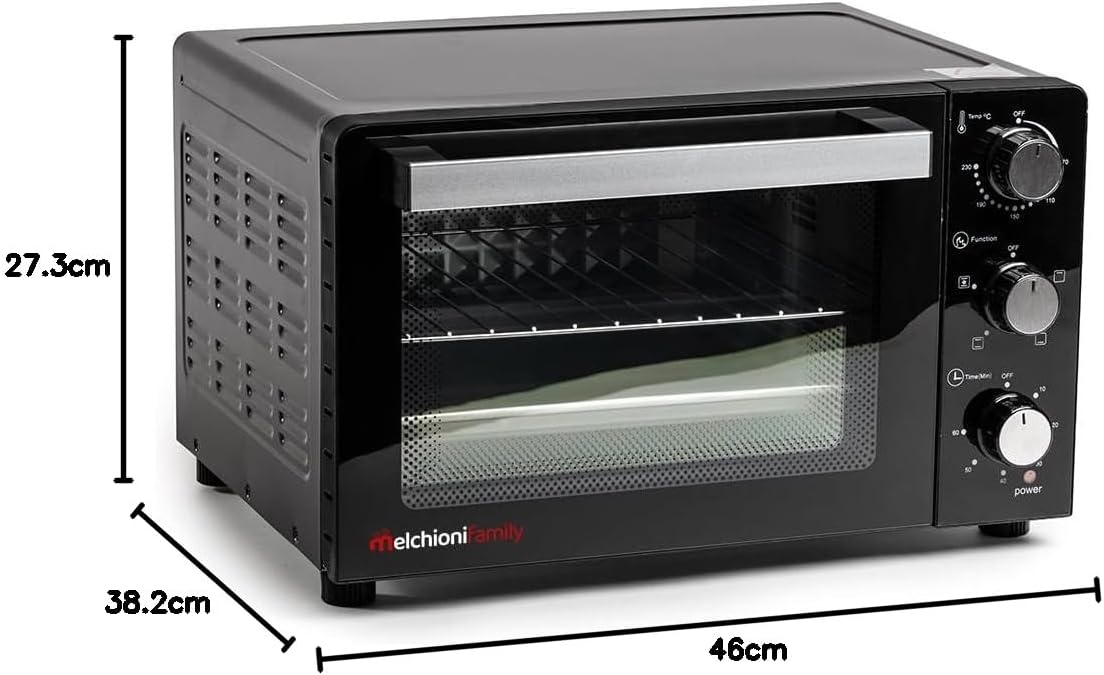 Melchioni Family | Forno Elettrico Ventilato DEVIL, Capacità 23 litri, 3 Modalità di Cottura, Timer da 60 Minuti, 1200W, Doppio Vetro, Luce Interna e Temperatura Fino a 230° C, 46 X 40 X 28 cm