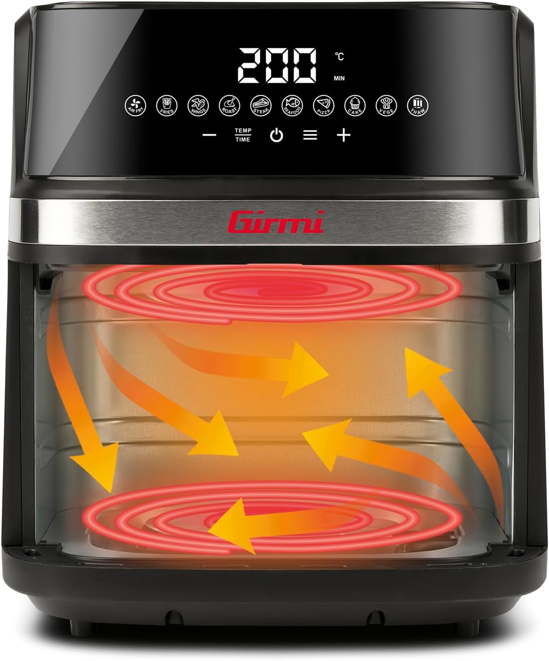 Girmi FG80 Friggitrice ad Aria 8Litri, 2200 W, Display digitale, 10 programmi, Capacità 8 Litri, Camera di cottura in metallo, Doppia resistenza, Ricettario incluso, Nero/Inox