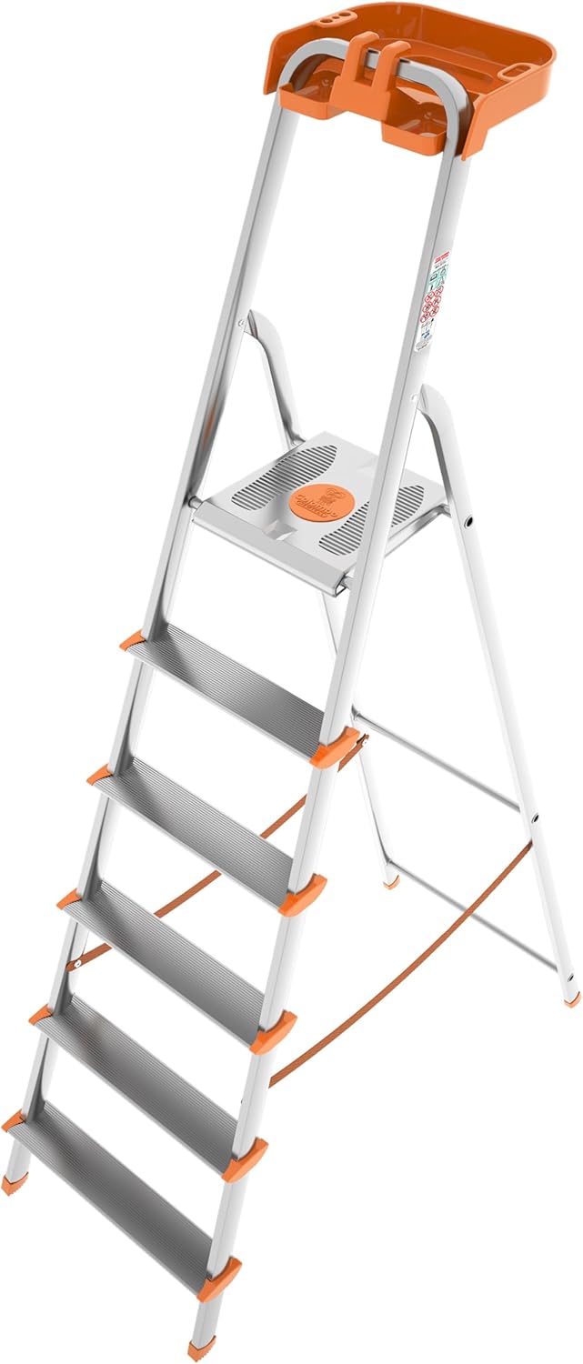 Colombo Scala Pieghevole Alluminio Attica 6 Gradini Senza Rivetti |  Robusta con Piattaforma e Vaschetta Portautensili | Portata 150kg | Conforme EN131 TÜV-GS | Made in Italy