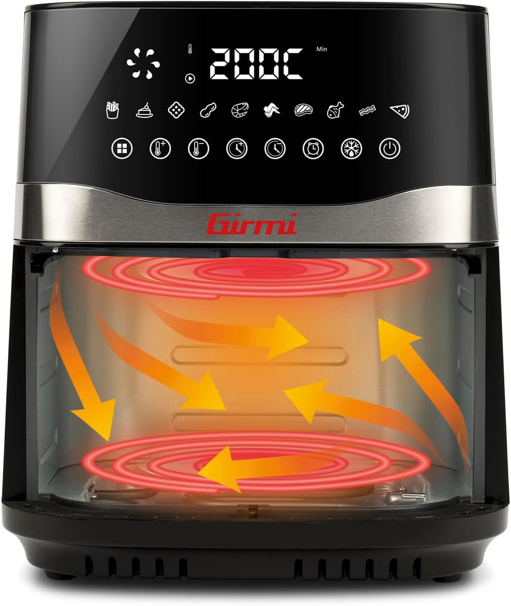Girmi FG90 Friggitrice ad Aria Ecofrit Premium, 2200W, 9 Lt, Doppia Resistenza, Finestra, Contenitore Antiaderente, Display Digitale, Scongelamento, Partenza Ritardata, BPA/PFOA safe, Nero