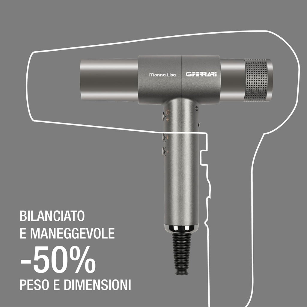 G3 Ferrari G30061 Monna Lisa Asciugacapelli Brushless Professionale, Motore BLDC, 2000 W, 3 Velocità, Funzione Ionic Oxy-active, 110.000 RPM, Diffusore, Concentratore e 2 Coni Wave Design