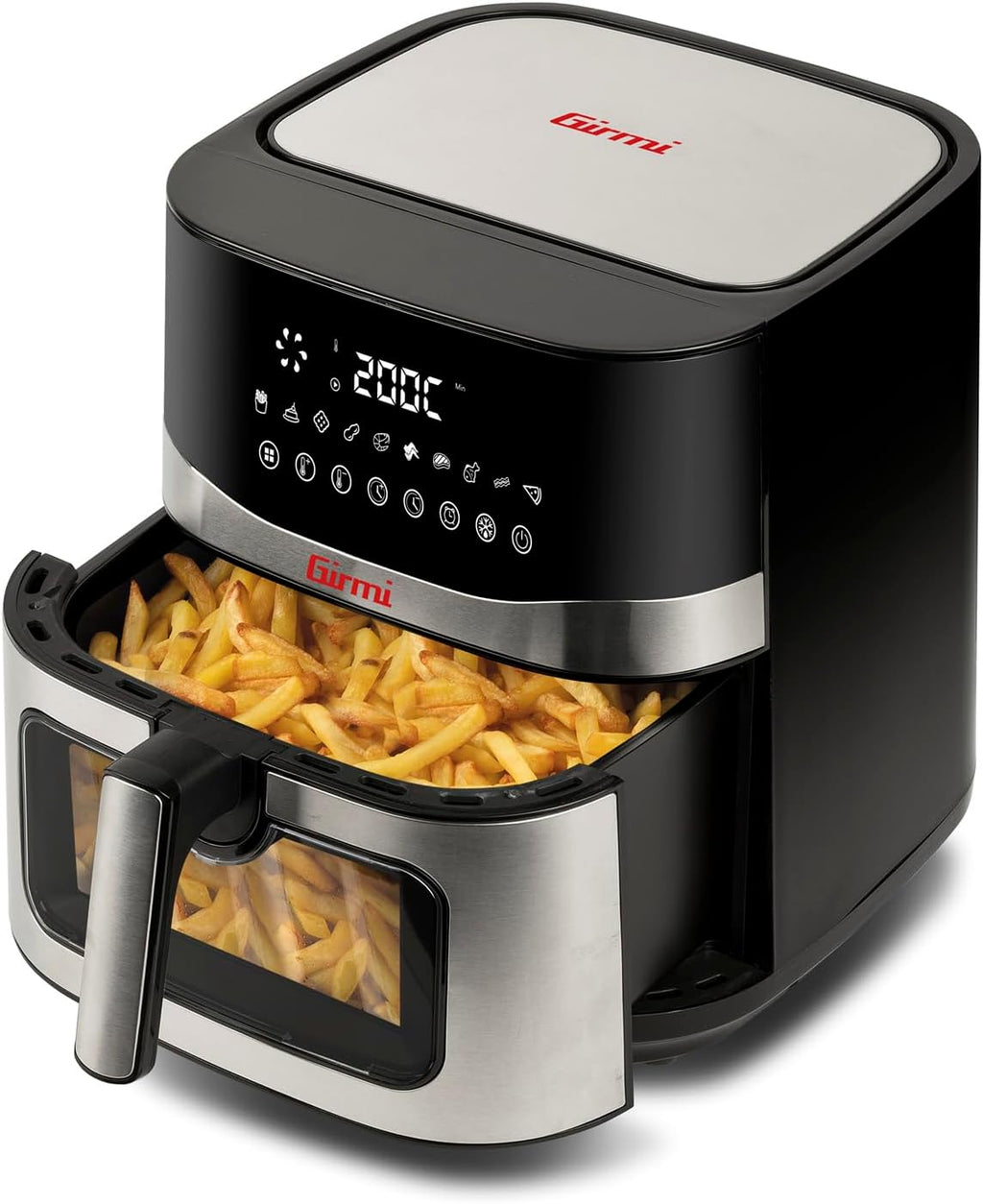 Girmi FG90 Friggitrice ad Aria Ecofrit Premium, 2200W, 9 Lt, Doppia Resistenza, Finestra, Contenitore Antiaderente, Display Digitale, Scongelamento, Partenza Ritardata, BPA/PFOA safe, Nero