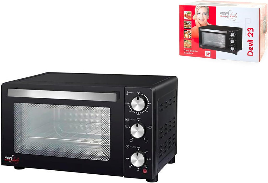 Melchioni Family | Forno Elettrico Ventilato DEVIL, Capacità 23 litri, 3 Modalità di Cottura, Timer da 60 Minuti, 1200W, Doppio Vetro, Luce Interna e Temperatura Fino a 230° C, 46 X 40 X 28 cm