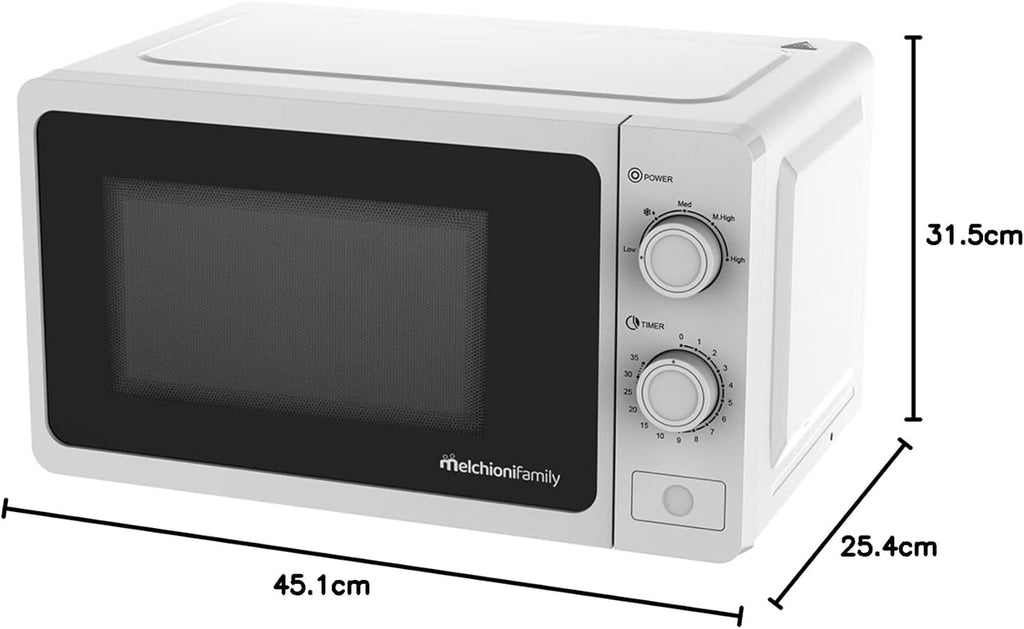 Melchioni Family Forno Microonde con Grill 20L, ONDA, Multifunzione, 800W, Regolazione Manuale, Funzione Grill, Timer 1-35 Min, Dimensioni 45,1x31,9x25,4 cm