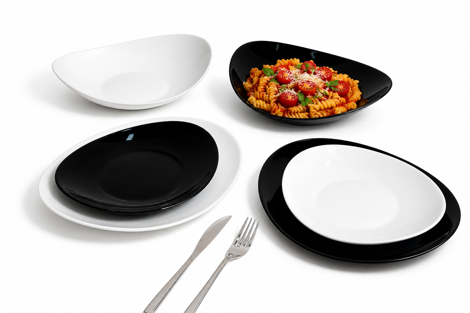 Servizio da tavola Ovale in Vetro, con 6 Piatti Piani, 6 Piatti Fondi e 6 da Dessert (18 Pezzi), Luce e Ombra, Bianco e Nero