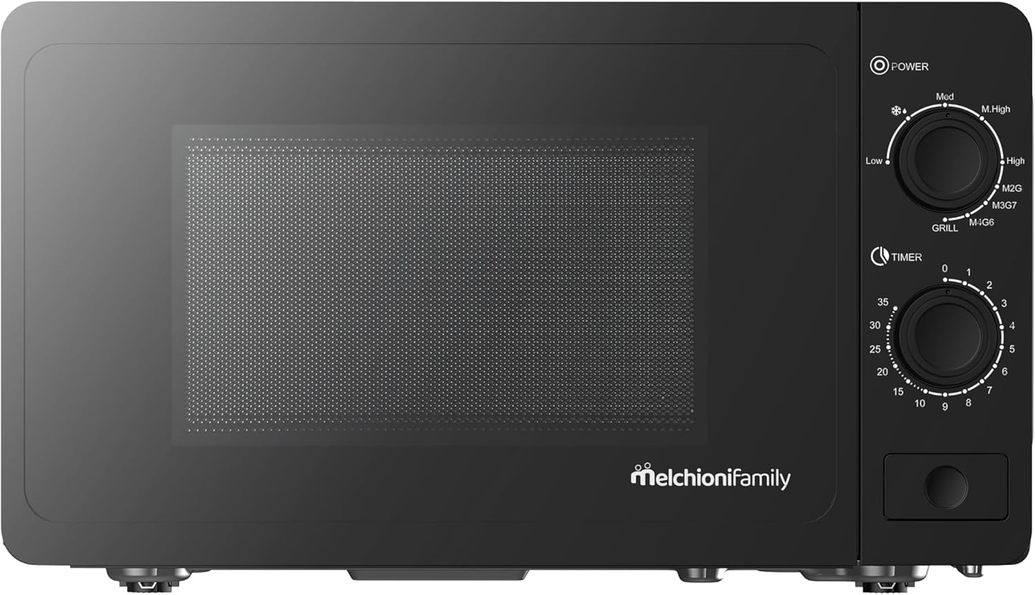 Melchioni Family Microonde 20L con Grill - ONDA - 800W - Dimensioni 46x32x26 cm - Timer 1–35 Minuti - Piatto in Vetro e Apertura con Pulsante - Nero