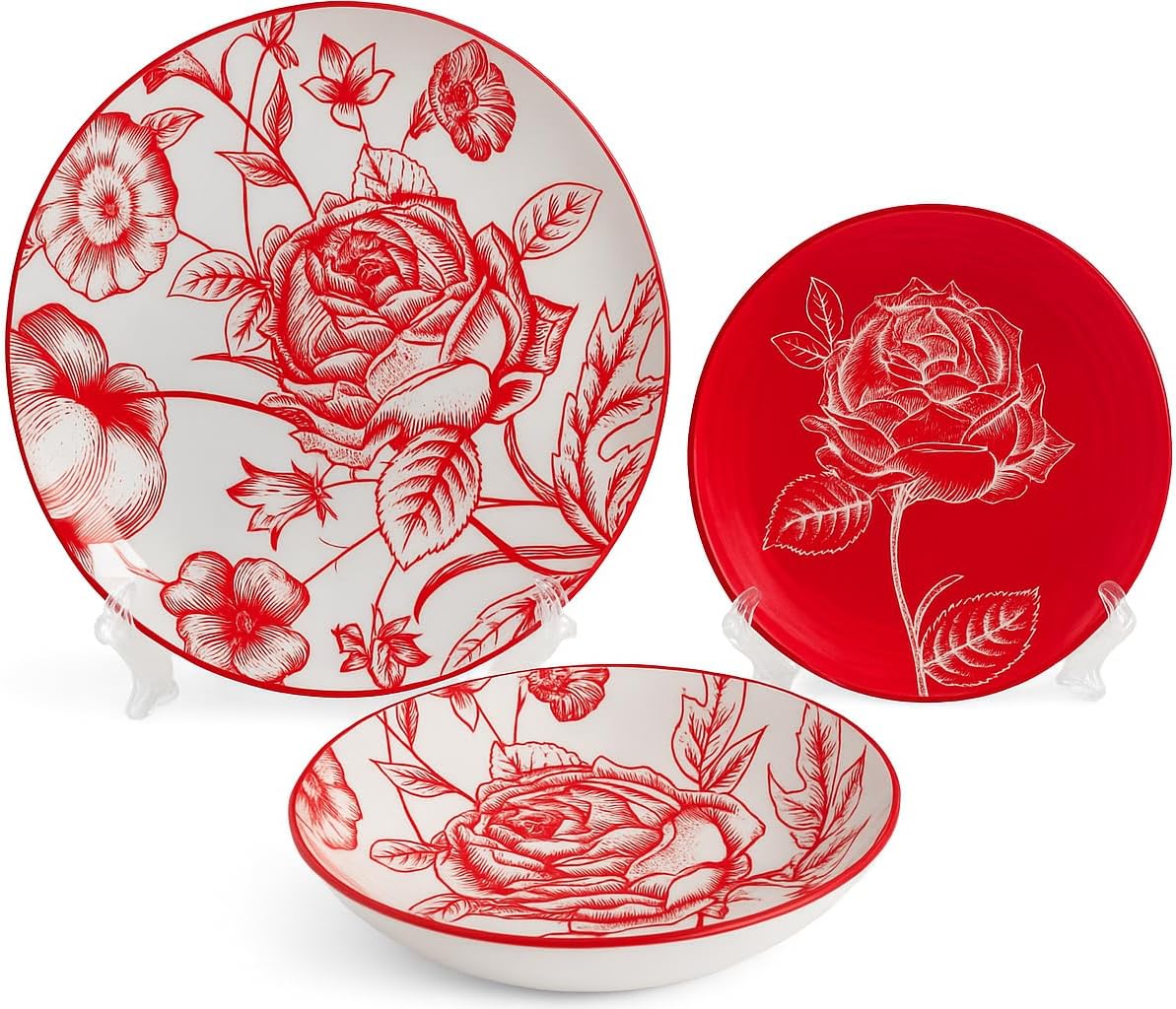 Today Home, Servizio piatti per 6 persone, 18 pezzi, Porcellana, Rosa Rossa, Adatto: Microonde e Lavatoviglie