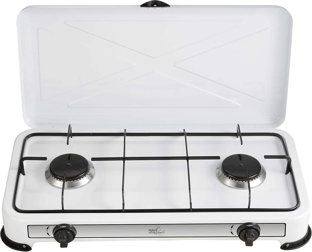Melchioni Family | Fornello a Gas da Campeggio MINERVA 2 con 2 Fuochi, Fornelletto GPL Portatile con Coperchio, Griglia e Fuochi Removibili, Bianco