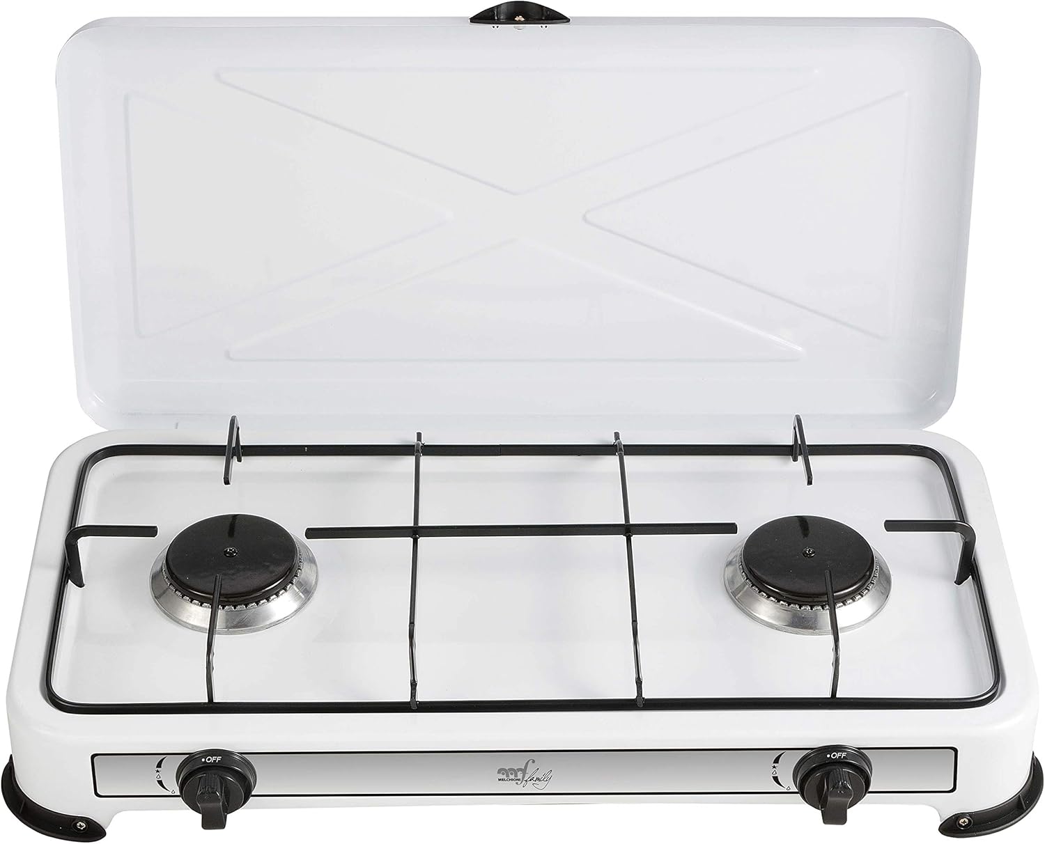 Melchioni Family | Fornello a Gas da Campeggio MINERVA 2 con 2 Fuochi, Fornelletto GPL Portatile con Coperchio, Griglia e Fuochi Removibili, Bianco