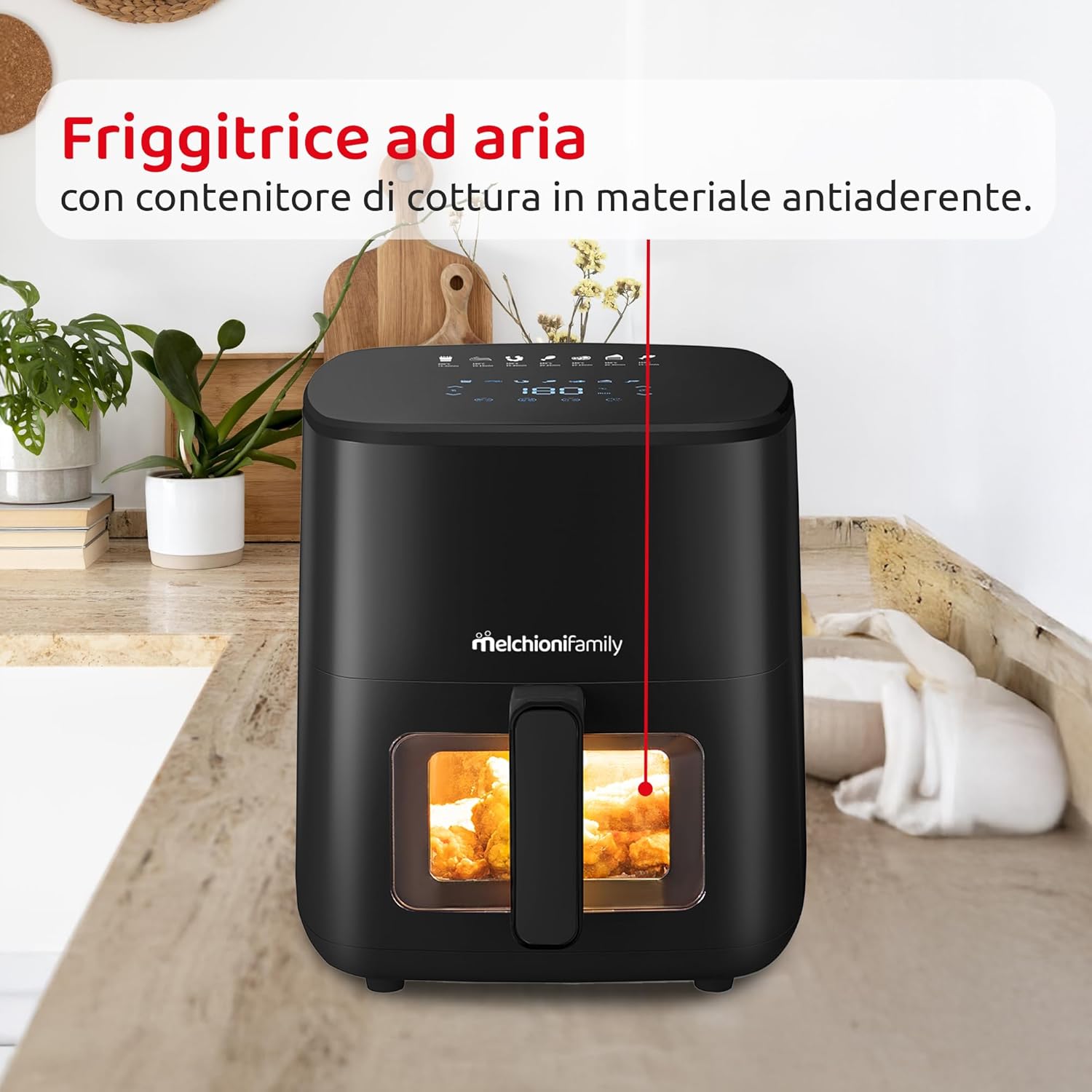 Melchioni Family | Marianna New, Friggitrice ad Aria 5L, Compatta, Touch Display, 7 Programmi, Antiaderente, Timer 60 Min, Temperatura 80°-200°C, Controllo Cottura Senza Aprire lo Sportello