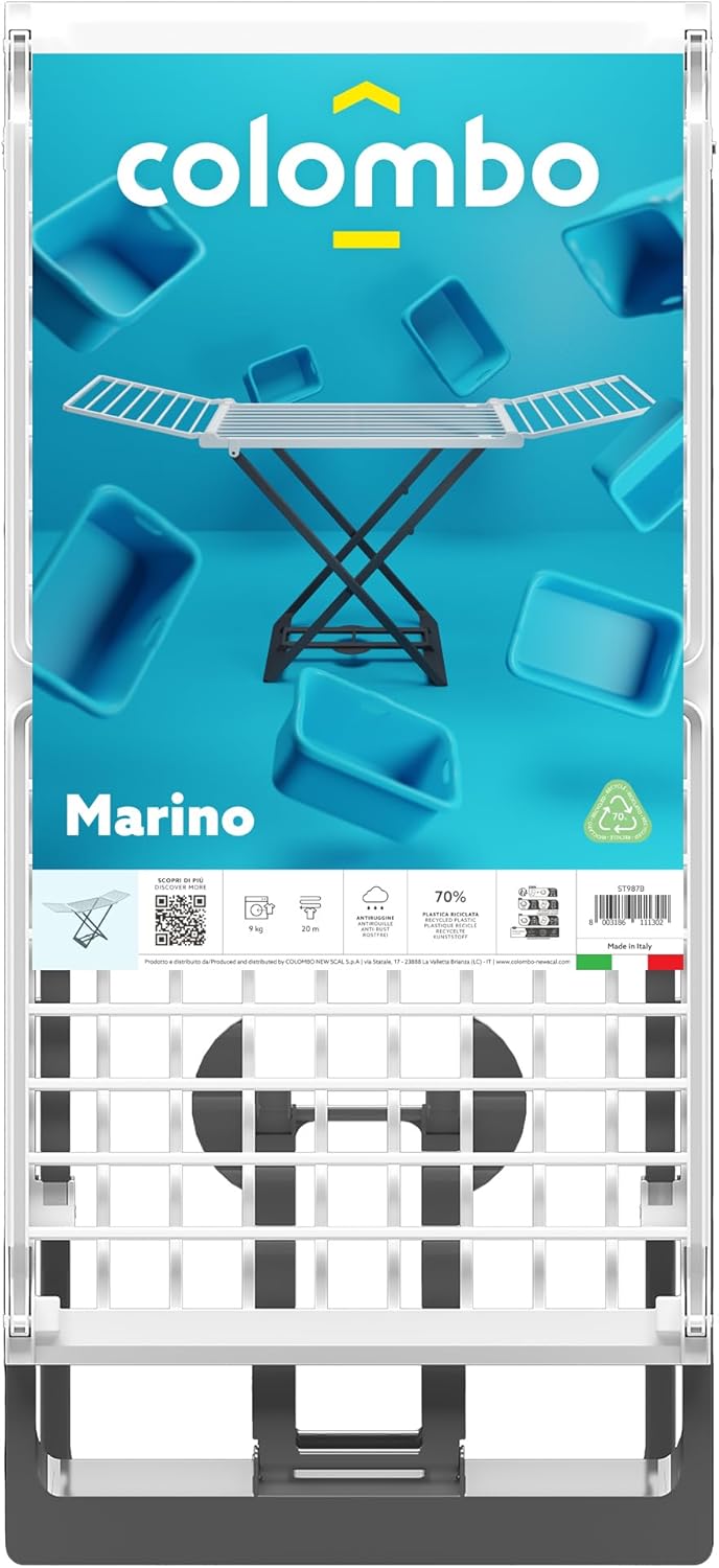 Colombo Stendino da Terra Marino | Stendibiancheria da Pavimento in Resina da Interno ed Esterno, Stendino con Ali Estensibili | 20 Metri di Stenditura | Colori Assortiti | Made in Italy