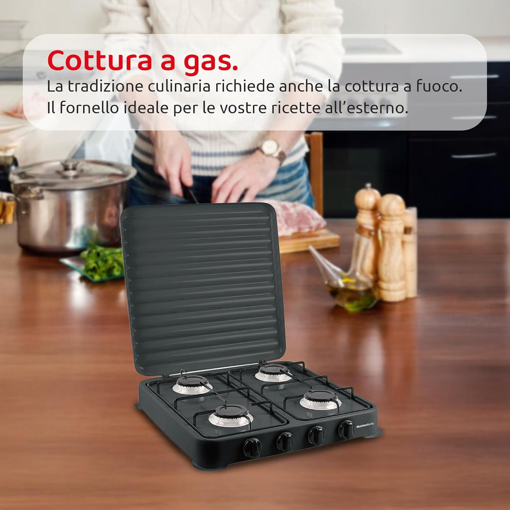 Melchioni Family | Fornello a Gas Modello MINERVA NEW, Quattro Fuochi, Colore Nero, per Utilizzo Esterno, con Griglia e Fuochi Rimovibili e Coperchio