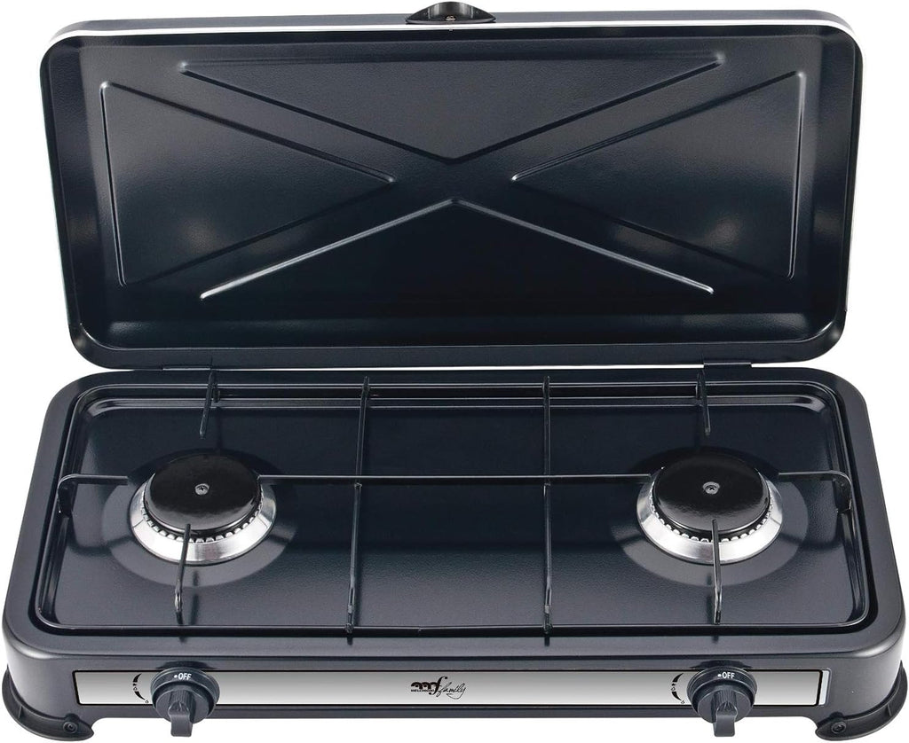 Melchioni Family | Fornello a Gas da Campeggio MINERVA 2 con 2 Fuochi, Fornelletto GPL Portatile con Coperchio, Griglia e Fuochi Removibili, Nero