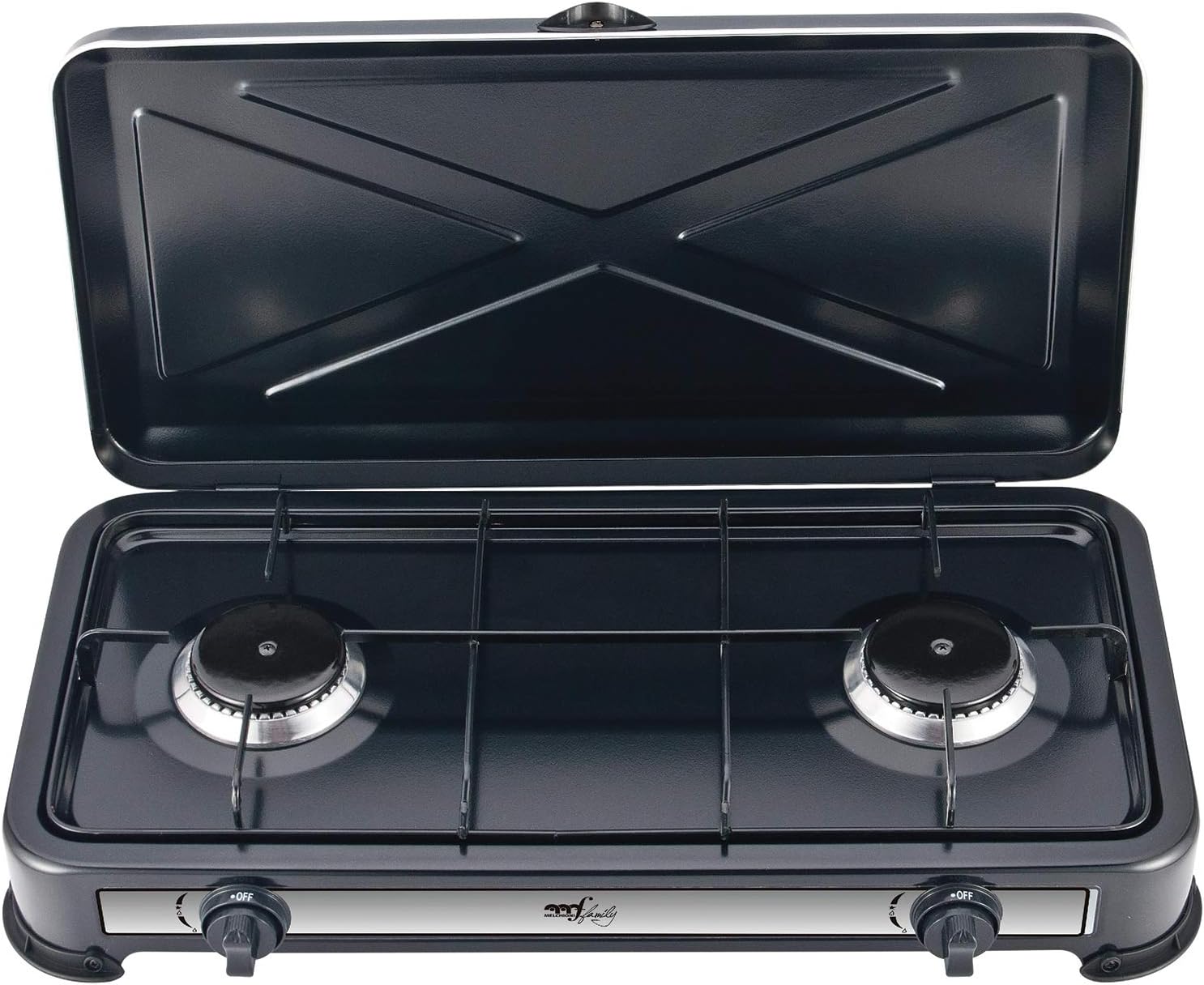 Melchioni Family | Fornello a Gas da Campeggio MINERVA 2 con 2 Fuochi, Fornelletto GPL Portatile con Coperchio, Griglia e Fuochi Removibili, Nero