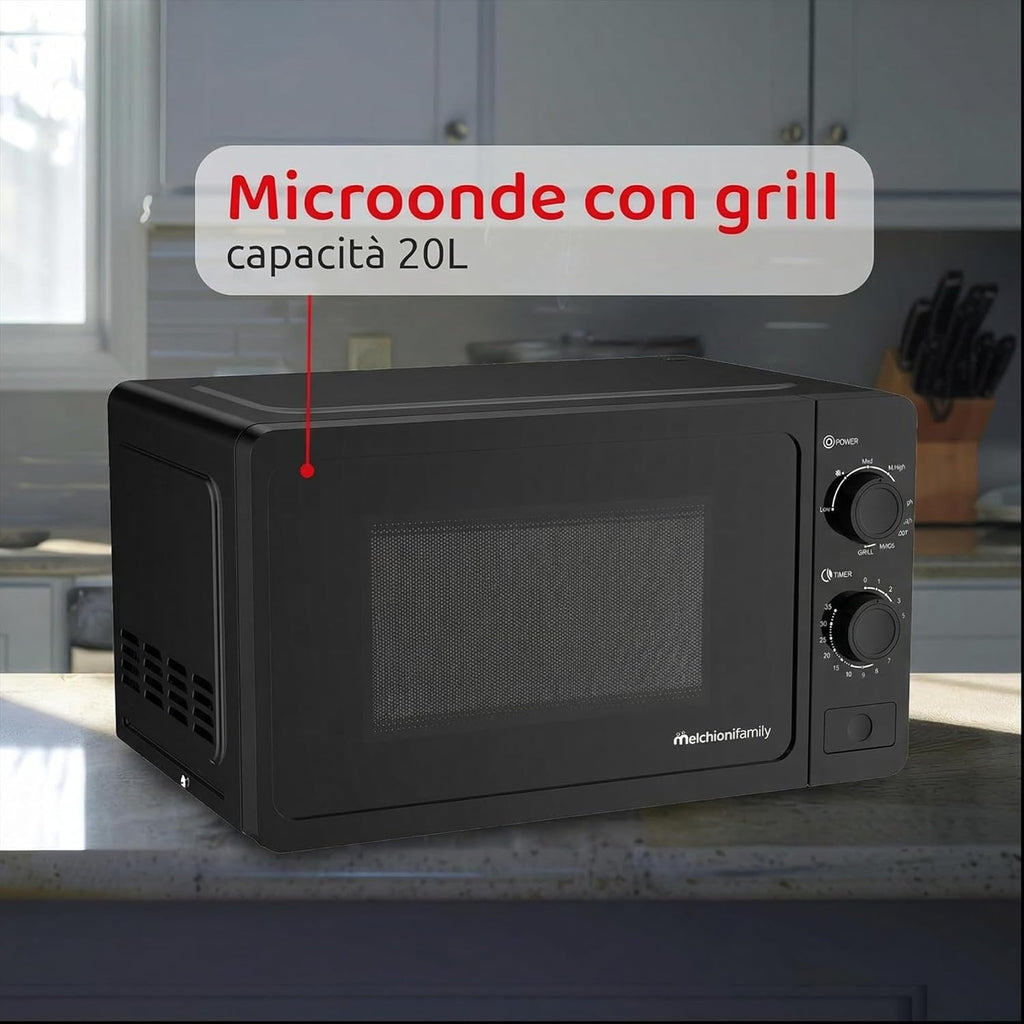 Melchioni Family Microonde 20L con Grill - ONDA - 800W - Dimensioni 46x32x26 cm - Timer 1–35 Minuti - Piatto in Vetro e Apertura con Pulsante - Nero