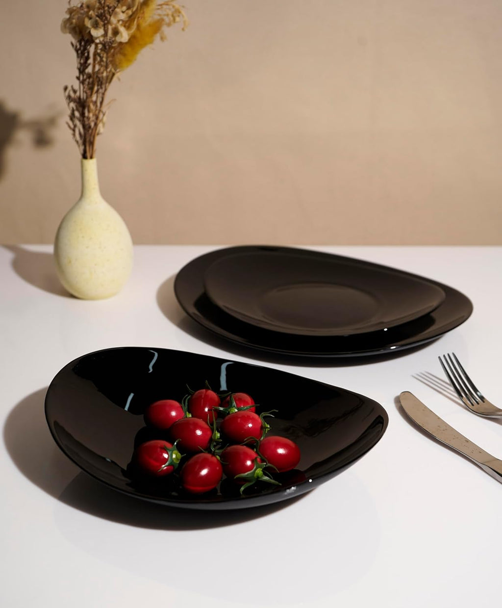 18 Pezzi Set Piatti Ovali, 6 Piani 6 Fondi 6 Frutta,Lavabile in Lavastoviglie, Microonde, Vetro, Nero