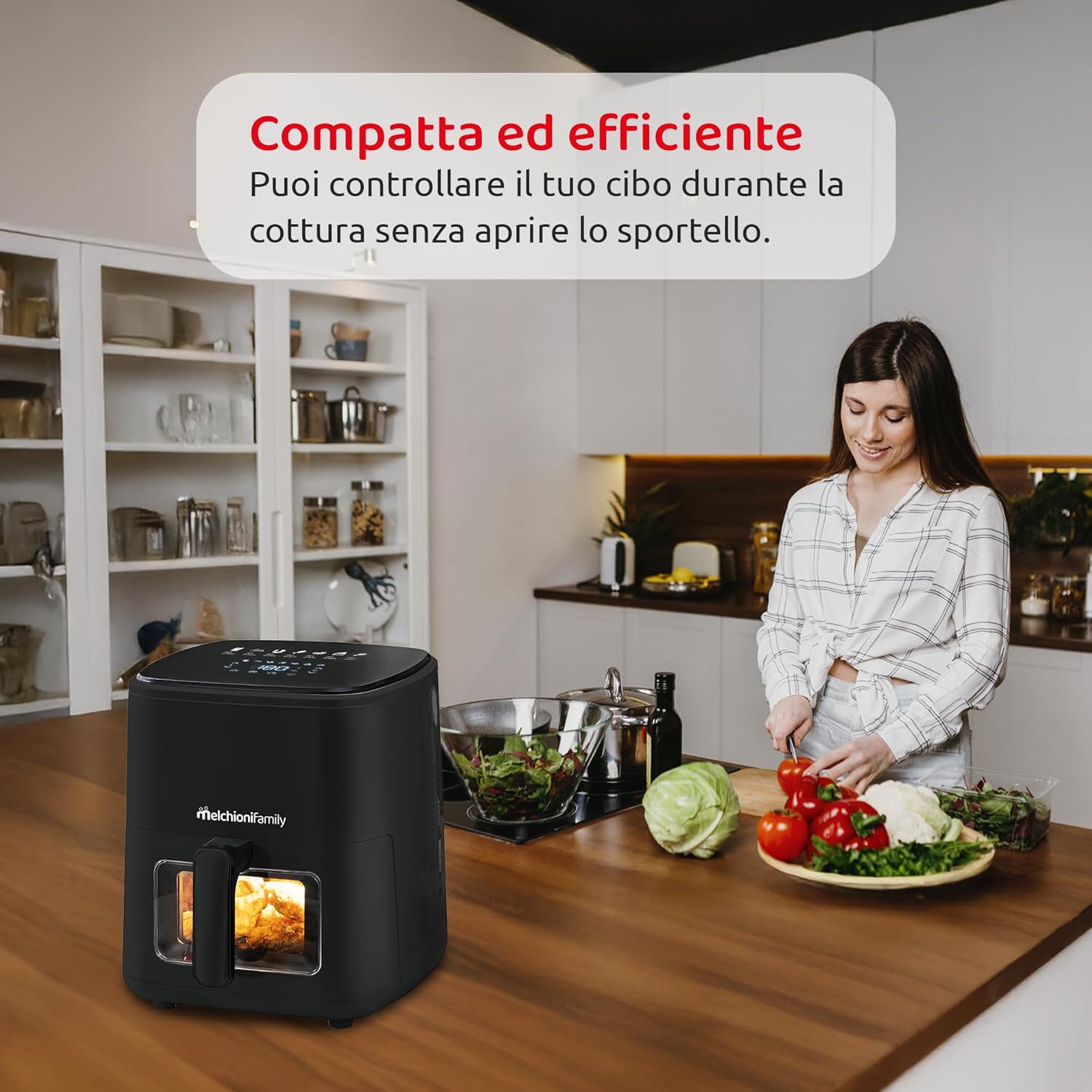 Melchioni Family | Marianna New, Friggitrice ad Aria 5L, Compatta, Touch Display, 7 Programmi, Antiaderente, Timer 60 Min, Temperatura 80°-200°C, Controllo Cottura Senza Aprire lo Sportello