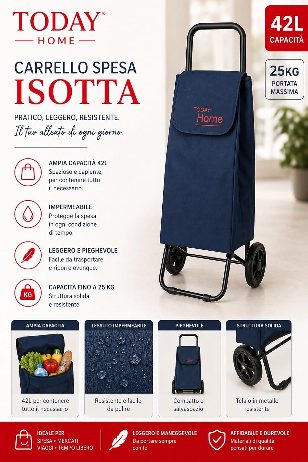 Today Home Carrello Spesa Pieghevole Isotta 42L con 2 Ruote, Impermeabile, Leggero, Capacità 25 kg