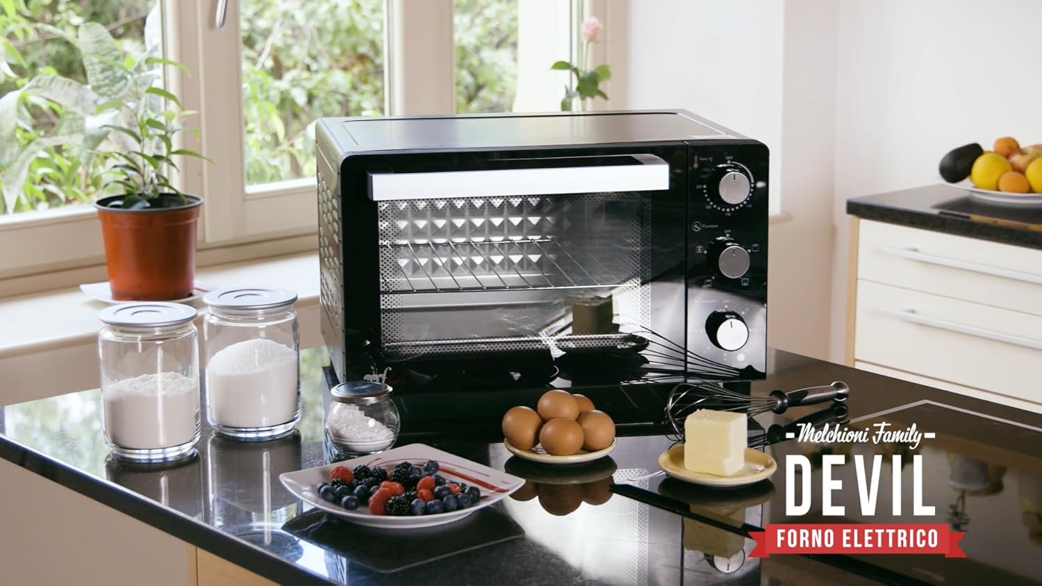 Melchioni Family | Forno Elettrico Ventilato DEVIL, Capacità 23 litri, 3 Modalità di Cottura, Timer da 60 Minuti, 1200W, Doppio Vetro, Luce Interna e Temperatura Fino a 230° C, 46 X 40 X 28 cm
