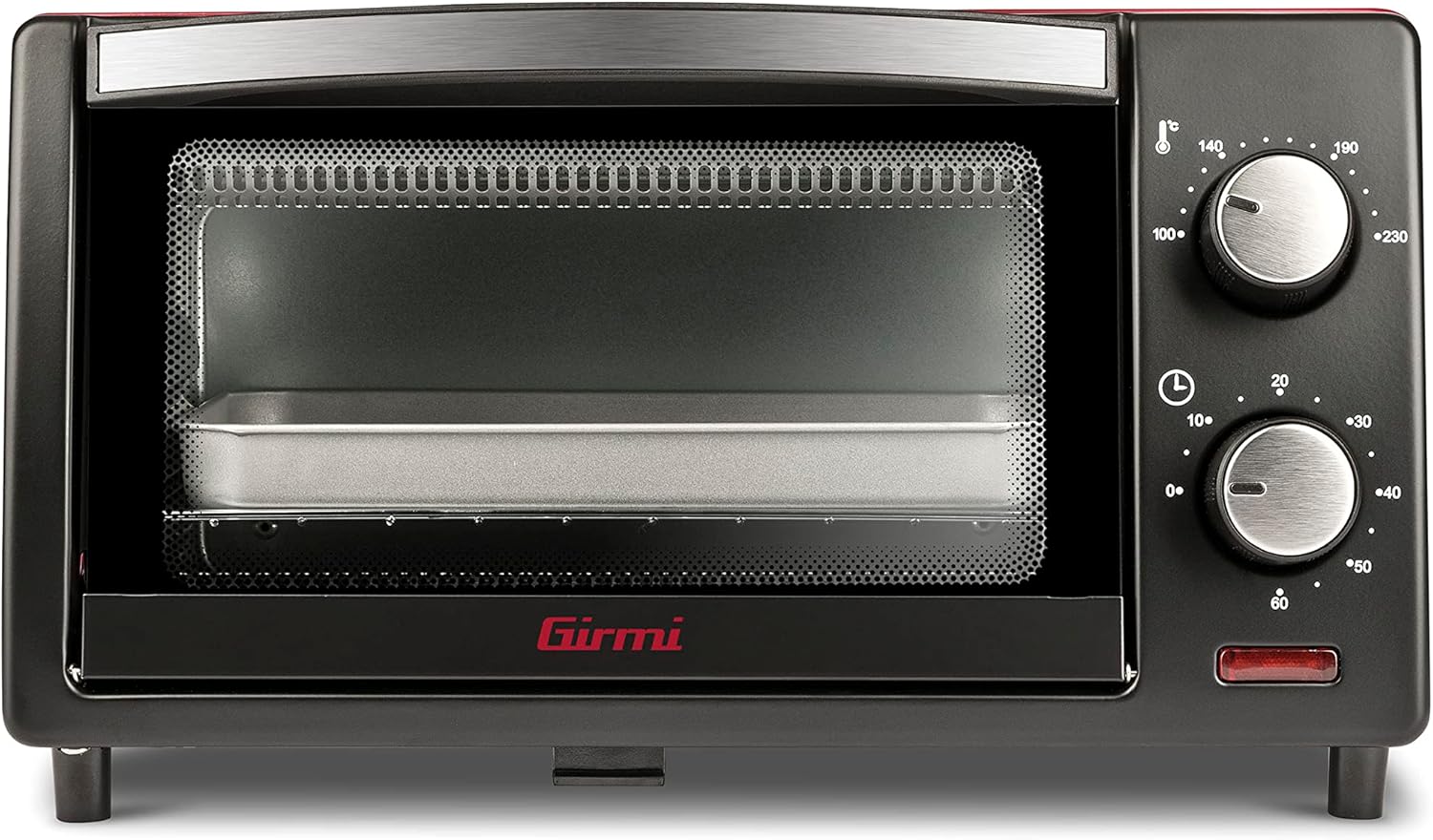 Girmi FE10 Forno elettrico, 800 W, 10 Litri, Griglia INOX, Termostato Regolabile, Timer 60 min, Accesori inclusi, Nero/Rosso