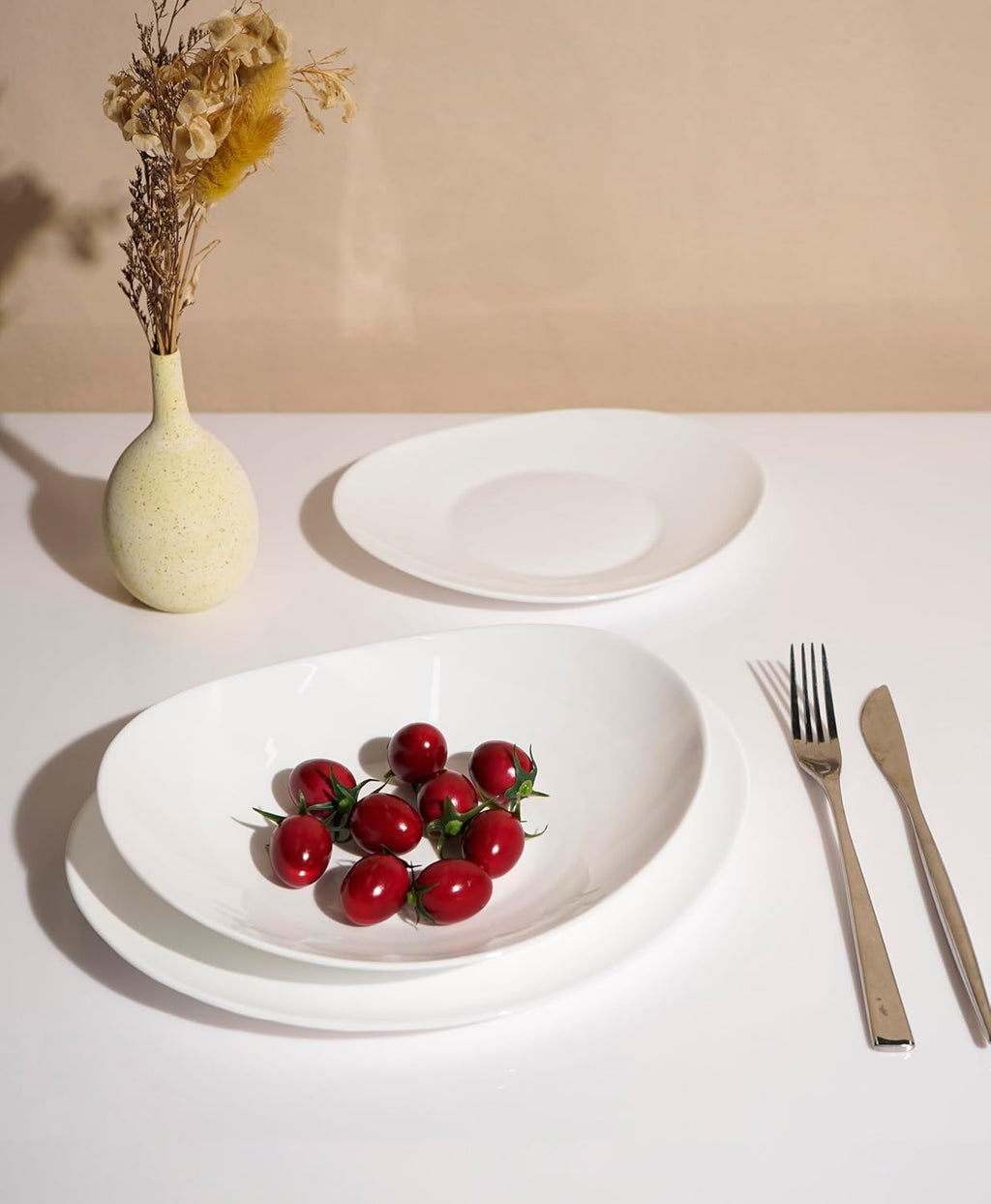 Servizio da tavola 18 Pezzi Set Piatti Ovali, 6 Piani 6 Fondi 6 Frutta,Lavabile in Lavastoviglie, Microonde, Vetro, Bianco