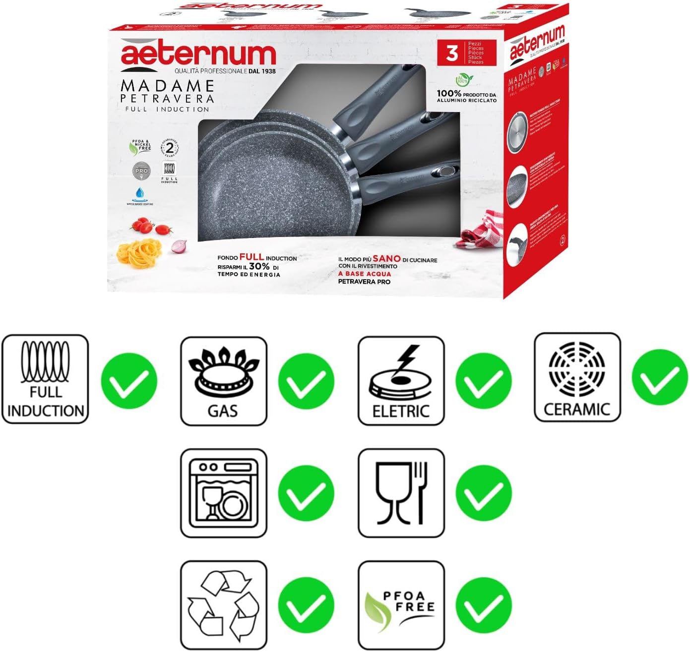 Aeternum, Madame Petravera 3.0, Tris Padelle 20/24/28 cm, Alluminio, Full Induction, Adatte all'induzione, Grigio Petravera