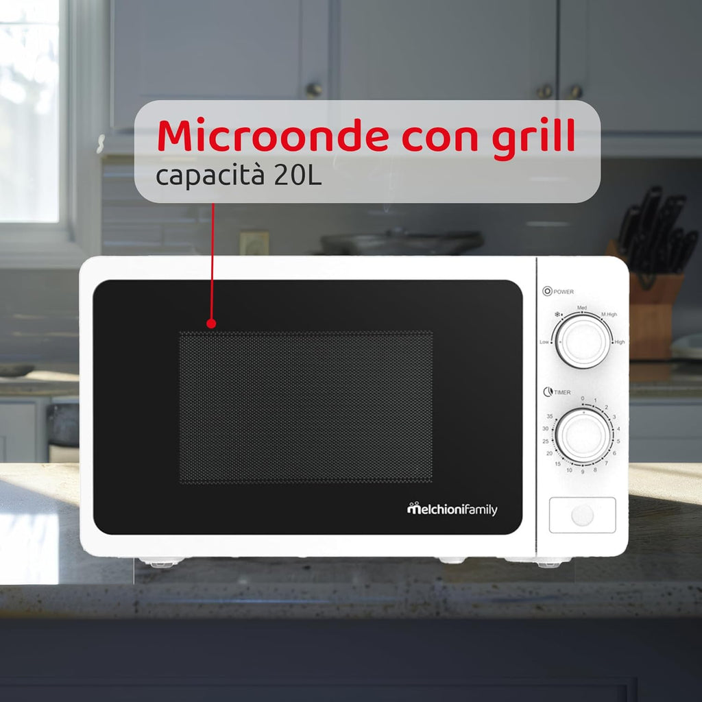 Melchioni Family Forno Microonde con Grill 20L, ONDA, Multifunzione, 800W, Regolazione Manuale, Funzione Grill, Timer 1-35 Min, Dimensioni 45,1x31,9x25,4 cm