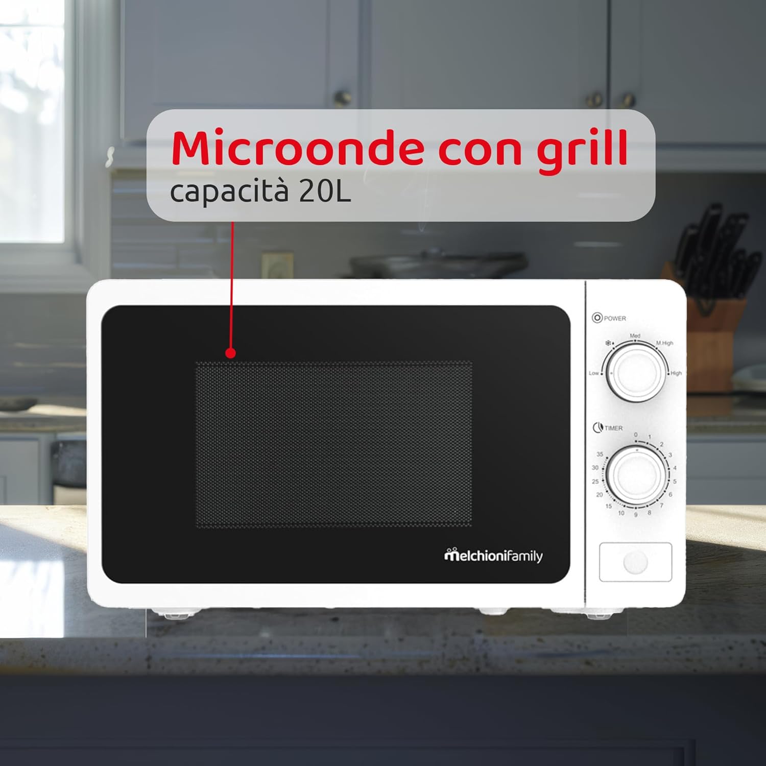 Melchioni Family Forno Microonde con Grill 20L, ONDA, Multifunzione, 800W, Regolazione Manuale, Funzione Grill, Timer 1-35 Min, Dimensioni 45,1x31,9x25,4 cm