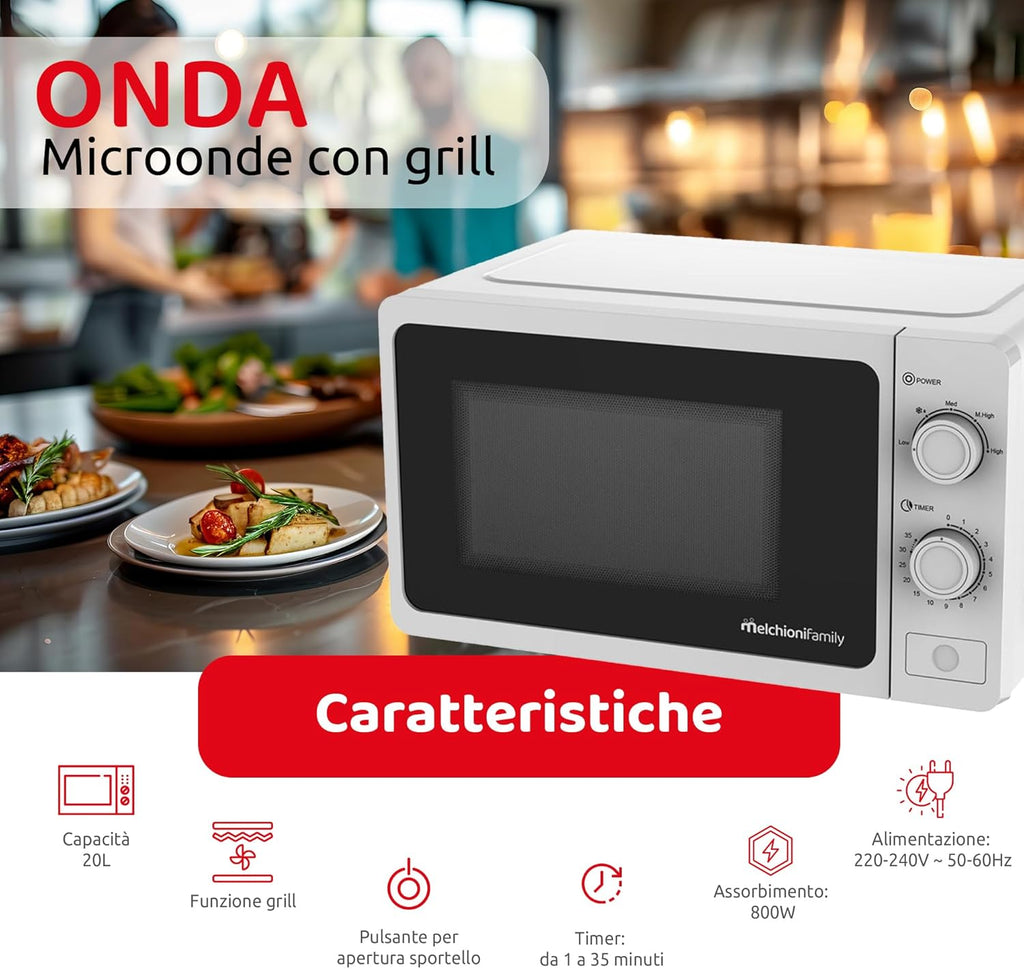 Melchioni Family Forno Microonde con Grill 20L, ONDA, Multifunzione, 800W, Regolazione Manuale, Funzione Grill, Timer 1-35 Min, Dimensioni 45,1x31,9x25,4 cm