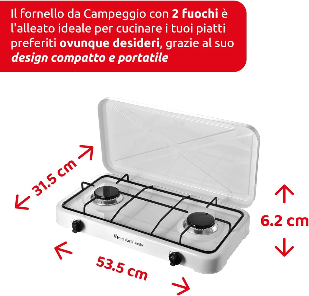 Melchioni Family | Fornello a Gas da Campeggio MINERVA 2 con 2 Fuochi, Fornelletto GPL Portatile con Coperchio, Griglia e Fuochi Removibili, Bianco