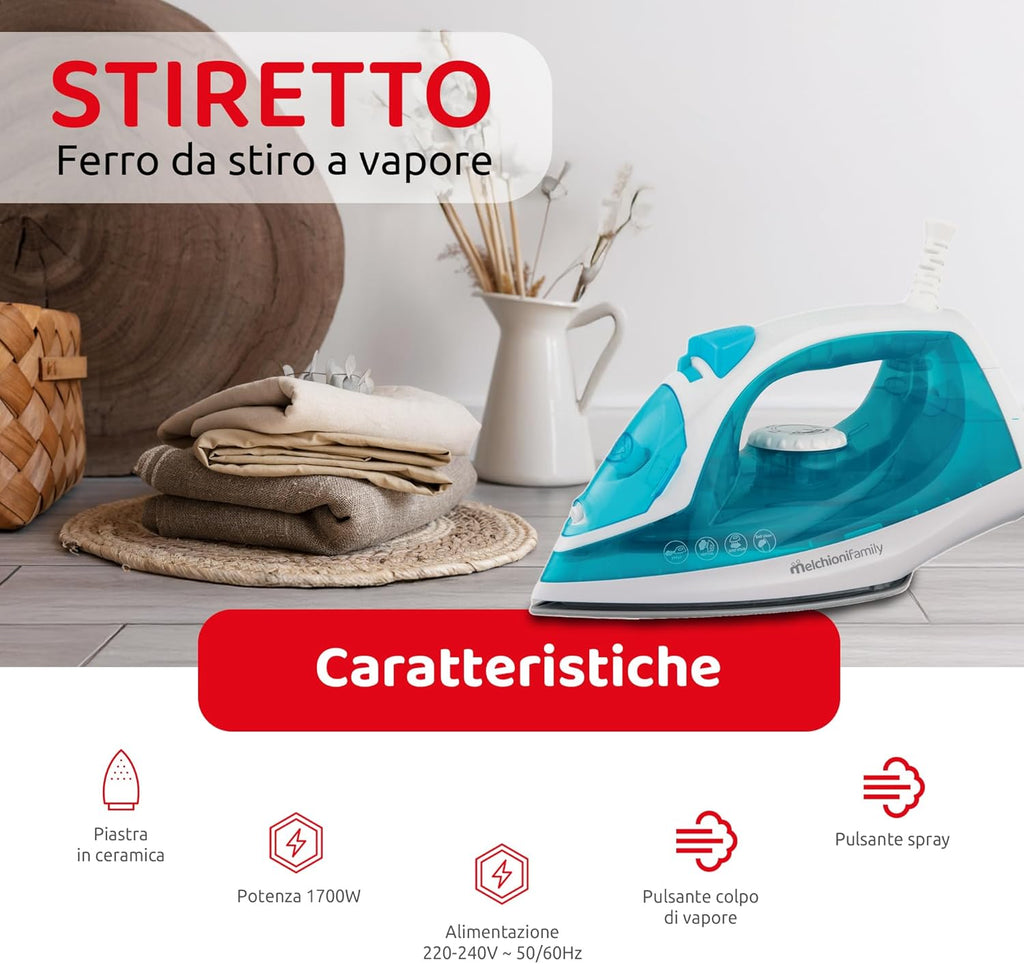 Ferro da Stiro STIRETTO Melchioni 1700W con Piastra Ceramica e Vapore