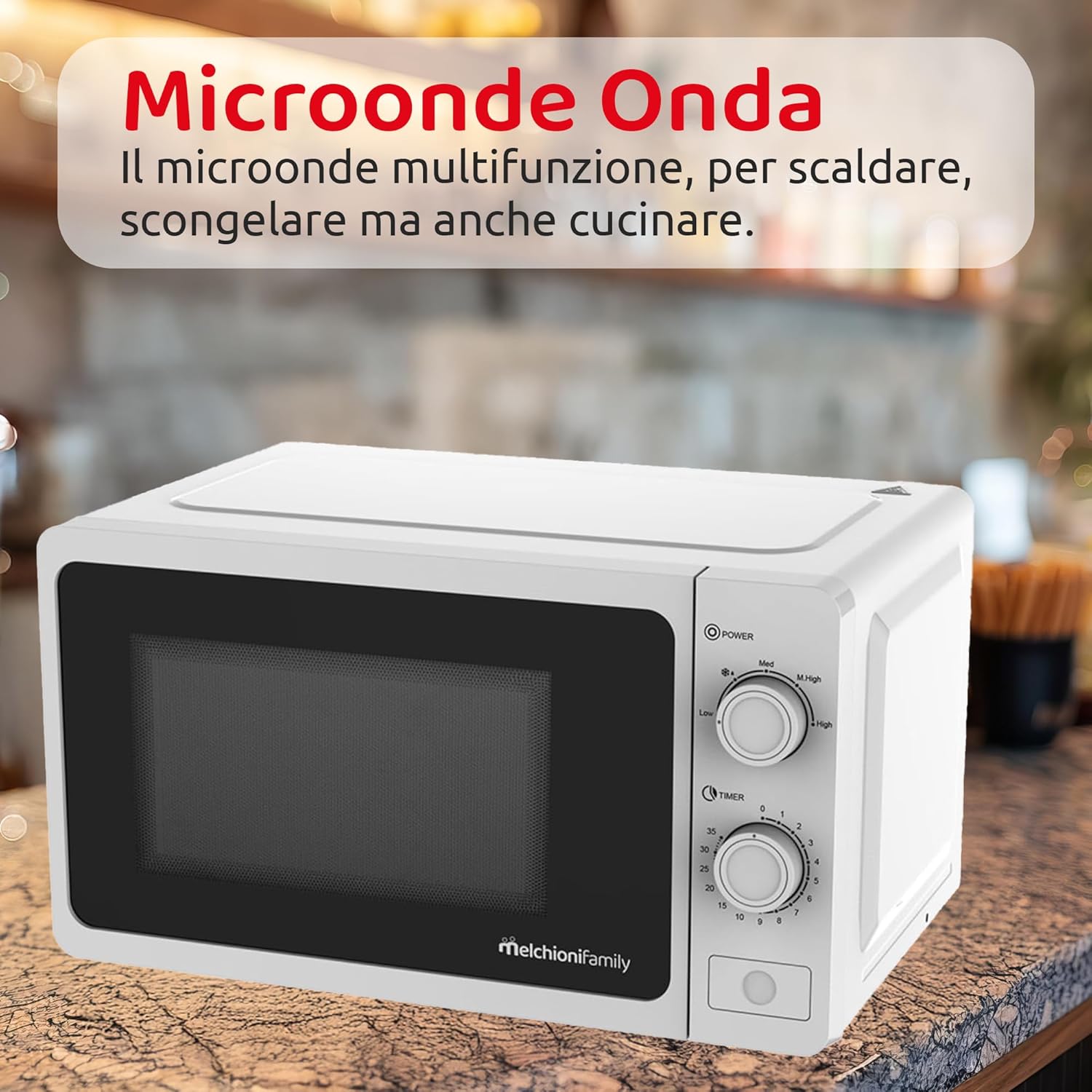 Melchioni Family Forno Microonde con Grill 20L, ONDA, Multifunzione, 800W, Regolazione Manuale, Funzione Grill, Timer 1-35 Min, Dimensioni 45,1x31,9x25,4 cm