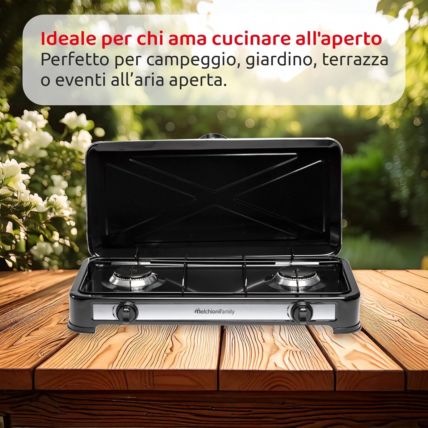 Melchioni Family | Fornello a Gas da Campeggio MINERVA 2 con 2 Fuochi, Fornelletto GPL Portatile con Coperchio, Griglia e Fuochi Removibili, Nero