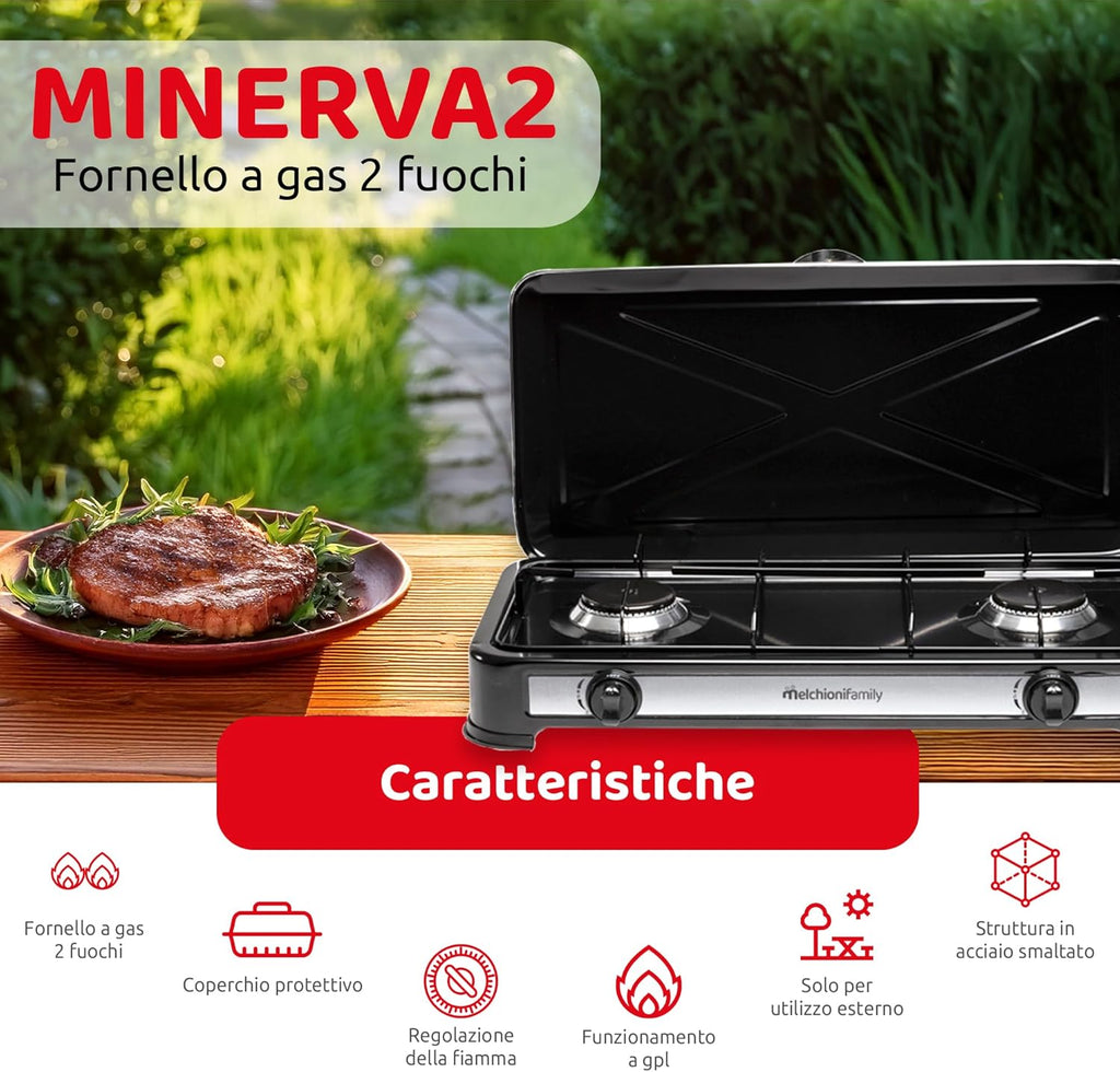 Melchioni Family | Fornello a Gas da Campeggio MINERVA 2 con 2 Fuochi, Fornelletto GPL Portatile con Coperchio, Griglia e Fuochi Removibili, Nero