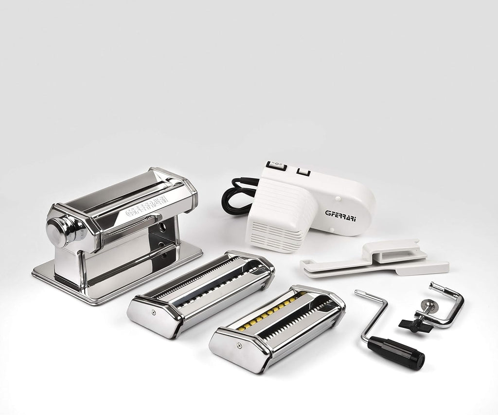 G3 Ferrari G20121 Macchina Della Pasta Sfoglia Mia, Rulli 15 cm, 9 livelli di spessore, Motorizzata 5 formati di pasta, Corpo Inox, Accessori inclusi, Bianco